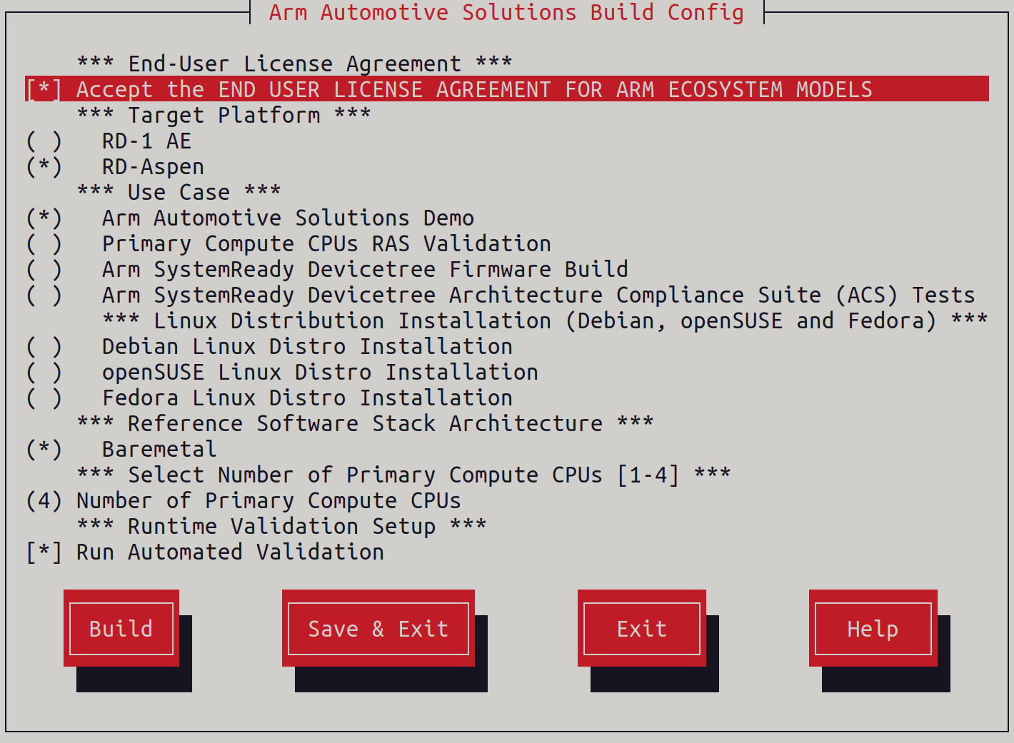 Arm Auto Solutions Run Automated Validation Menu