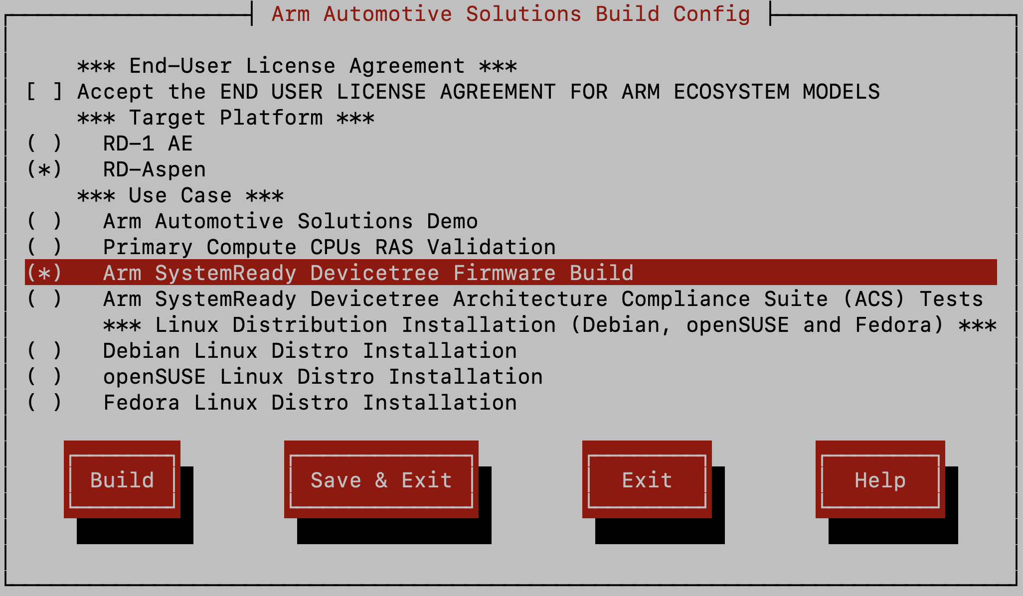 Arm Auto Solutions Build Configuration Menu - Arm SystemReady Devicetree Firmware Build