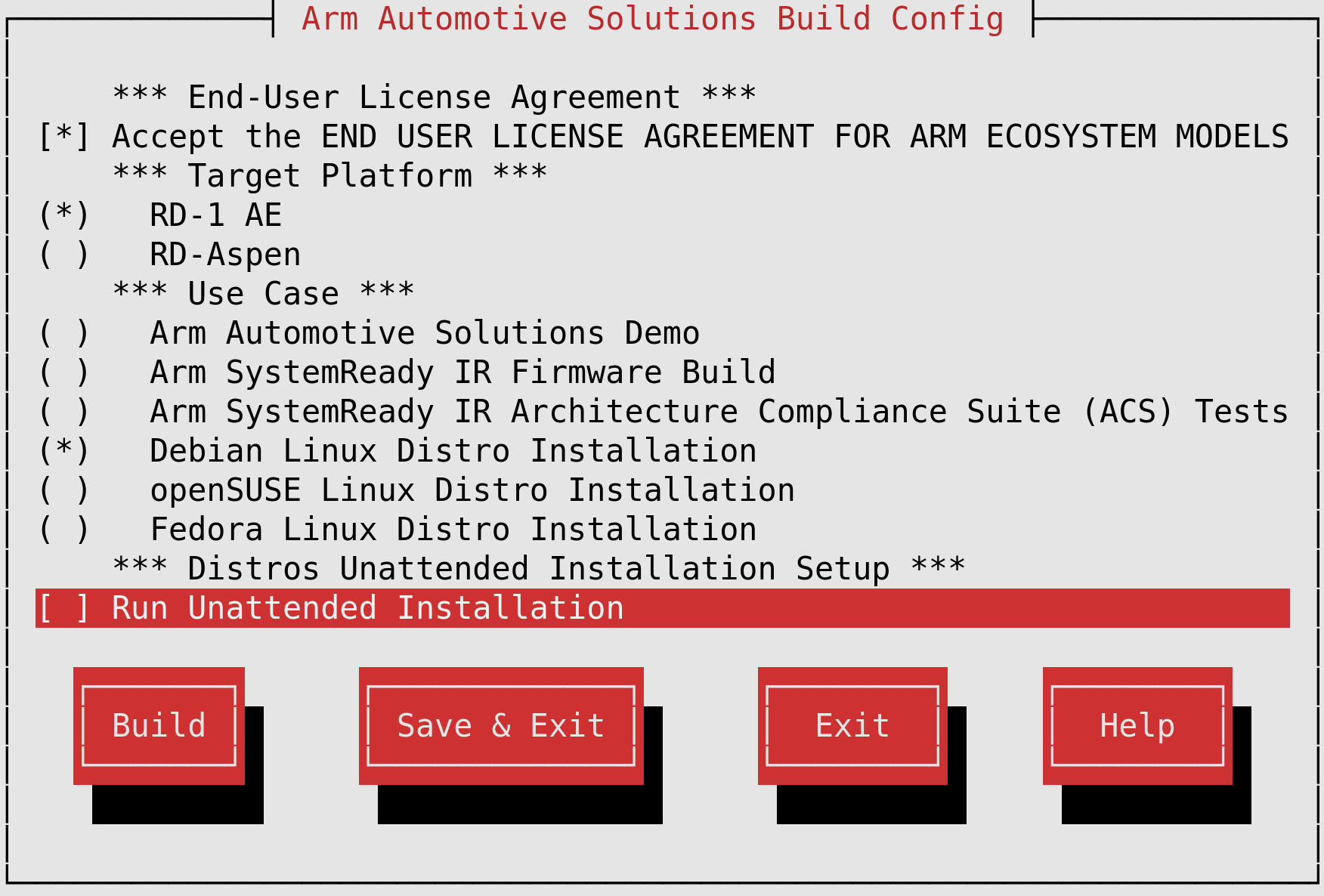 Arm Auto Solutions Build Configuration Menu - Debian Linux Distro Installation