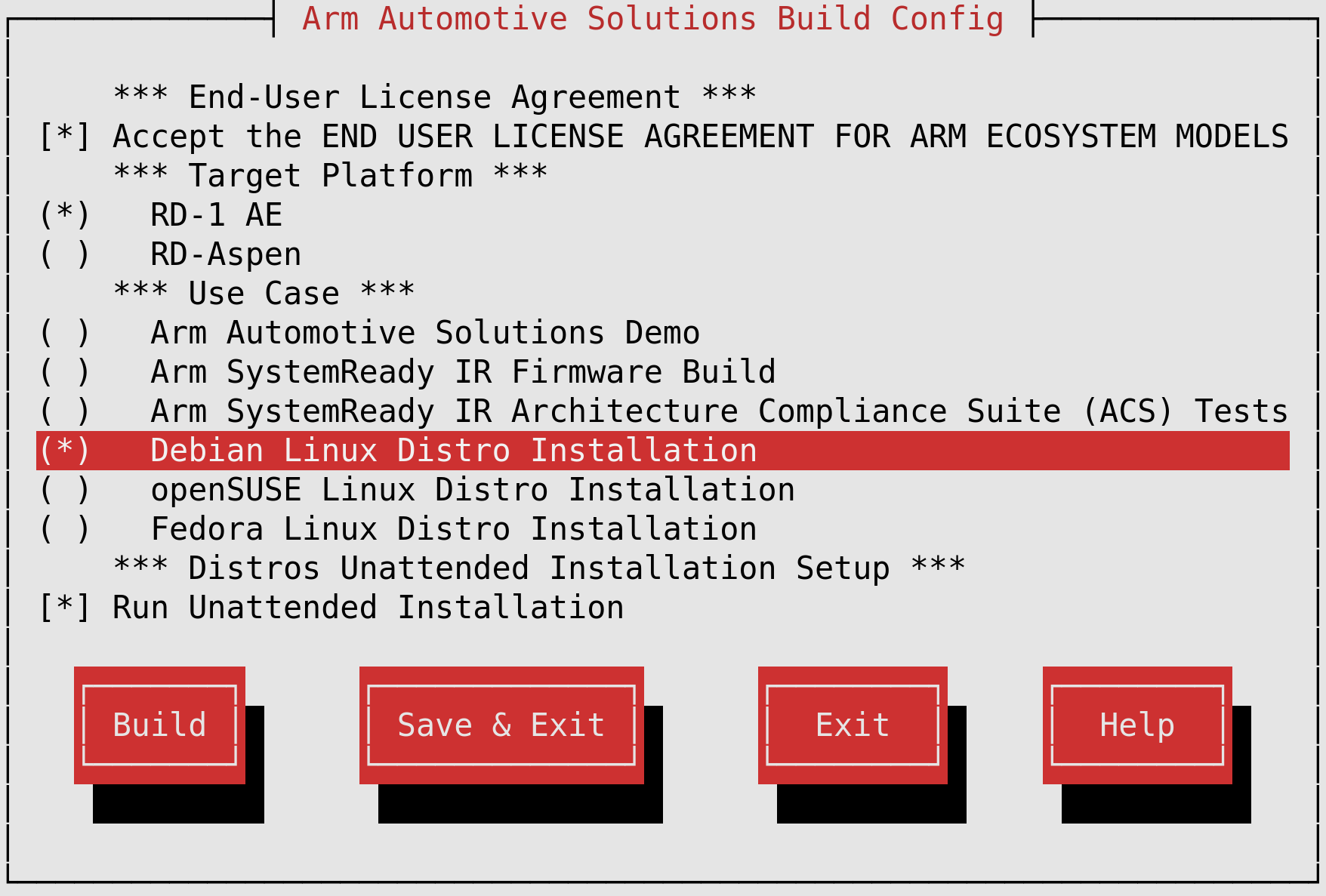 Arm Auto Solutions Build Configuration Menu - Debian Linux Distro Installation
