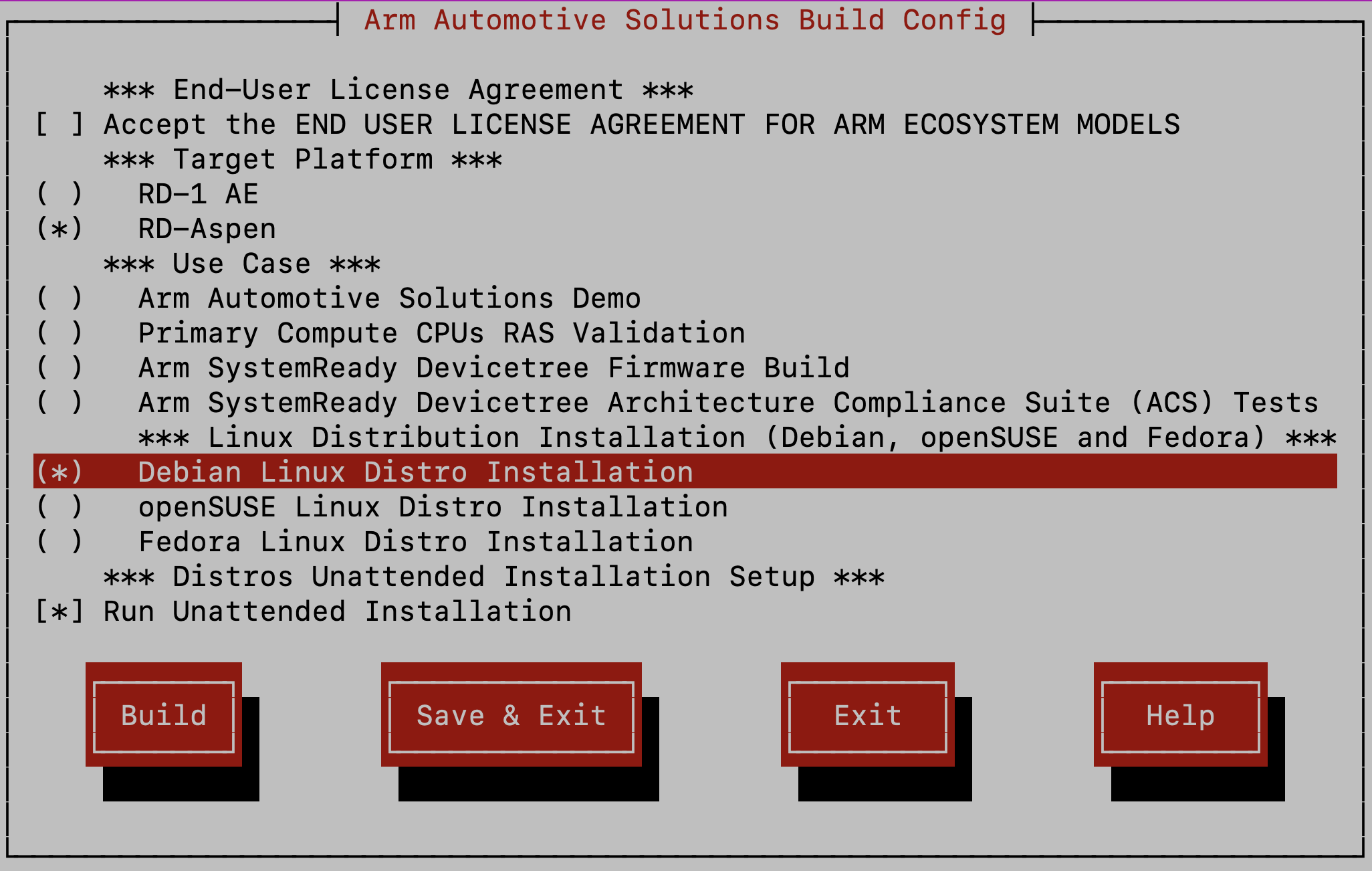 Arm Auto Solutions Build Configuration Menu - Debian Linux Distro Installation
