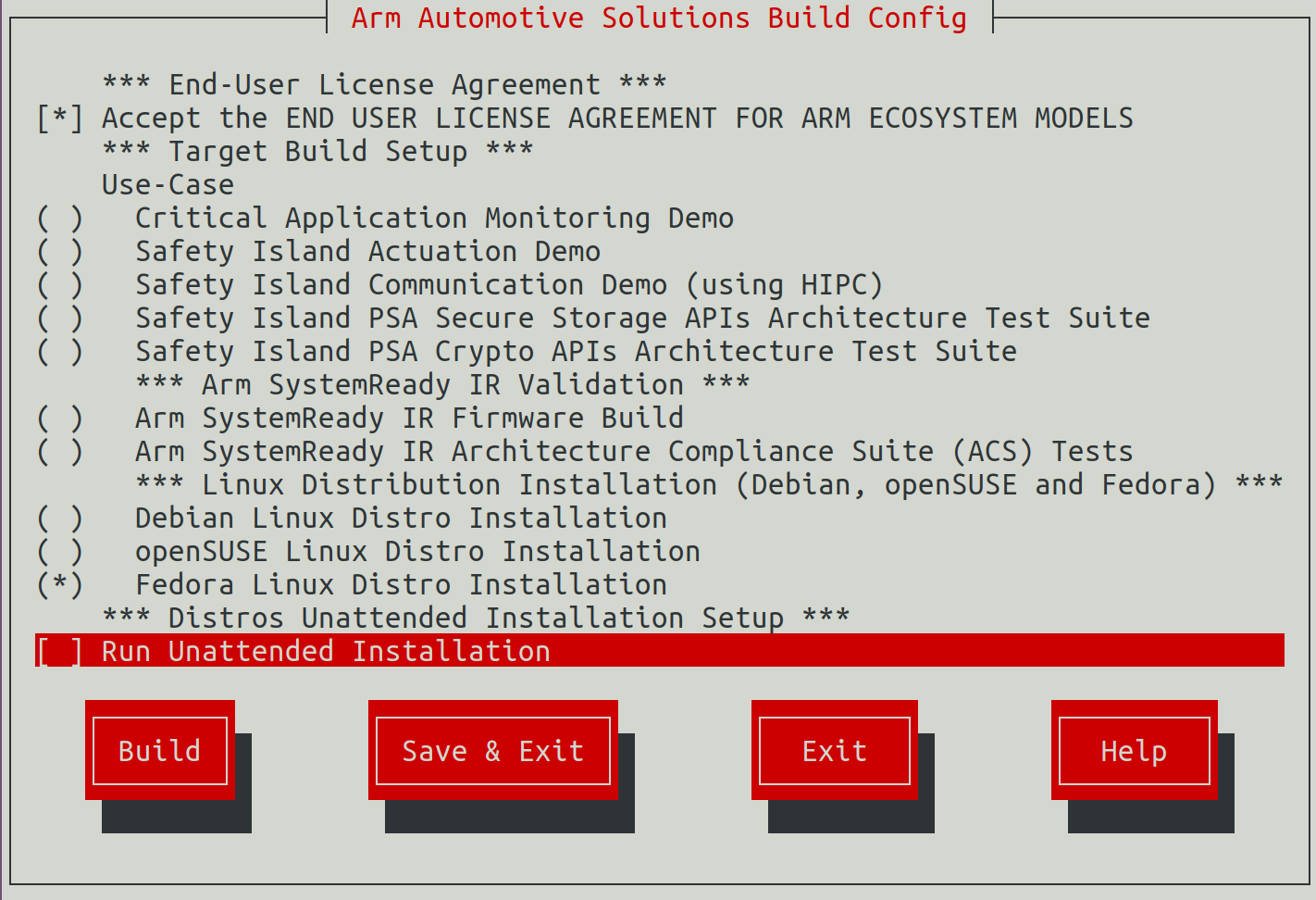 Arm Auto Solutions Build Configuration Menu - Fedora Linux Distro Installation