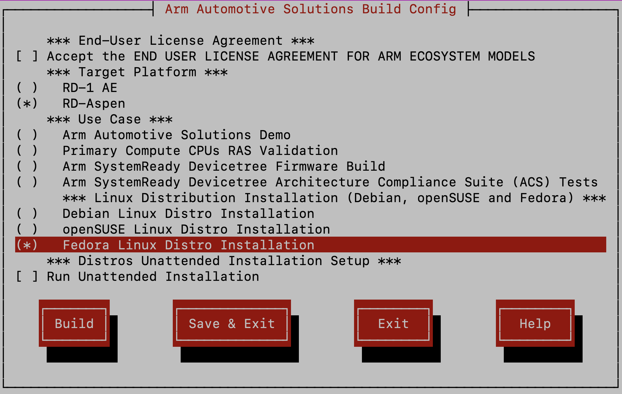 Arm Auto Solutions Build Configuration Menu - Fedora Linux Distro Installation