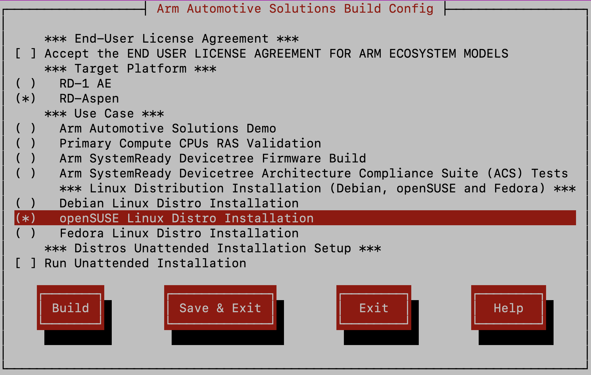 Arm Auto Solutions Build Configuration Menu - openSUSE Linux Distro Installation