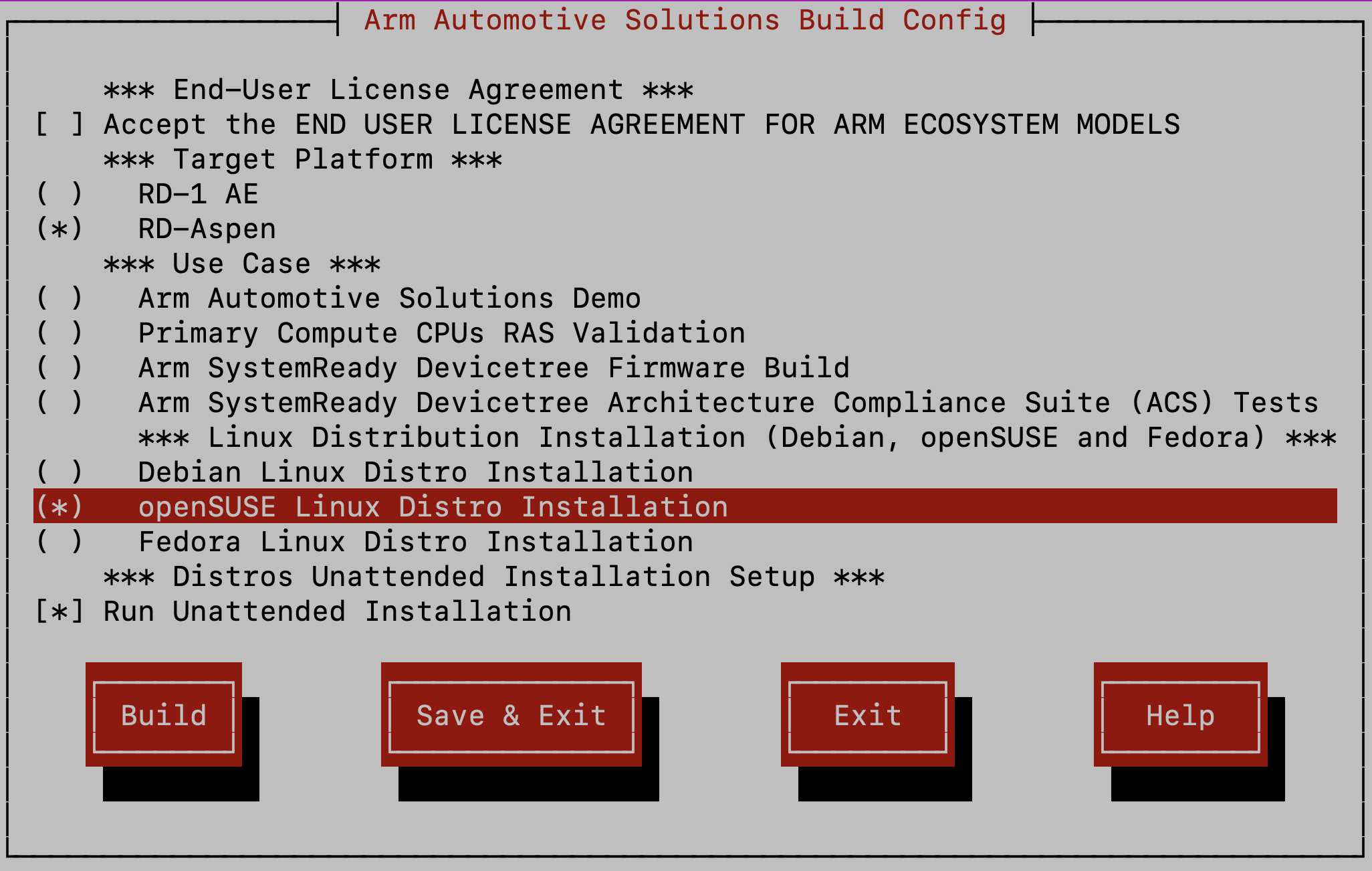 Arm Auto Solutions Build Configuration Menu - openSUSE Linux Distro Installation