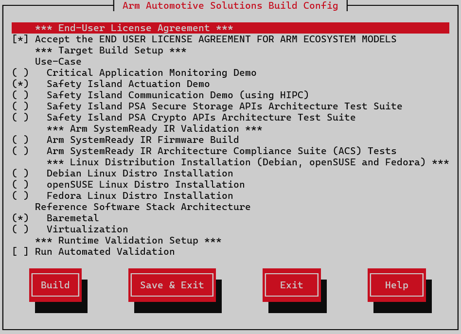 Arm Auto Solutions Build Configuration Menu