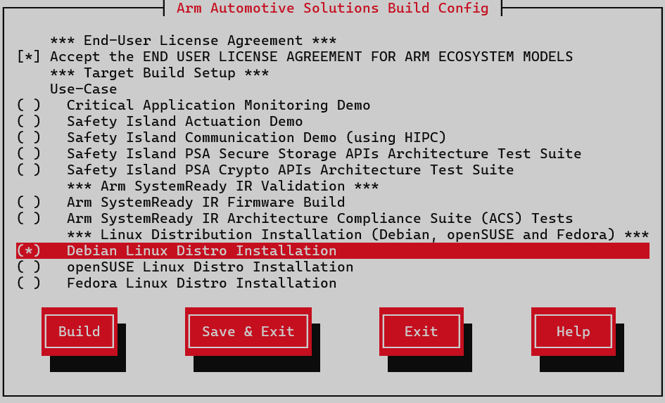 Arm Auto Solutions Build Configuration Menu - Debian Linux Distro Installation