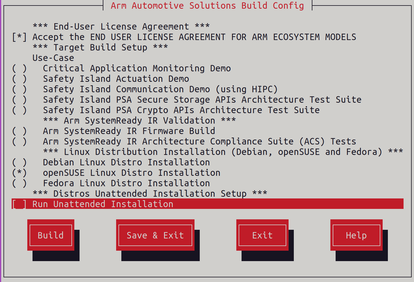 Arm Auto Solutions Build Configuration Menu - openSUSE Linux Distro Installation