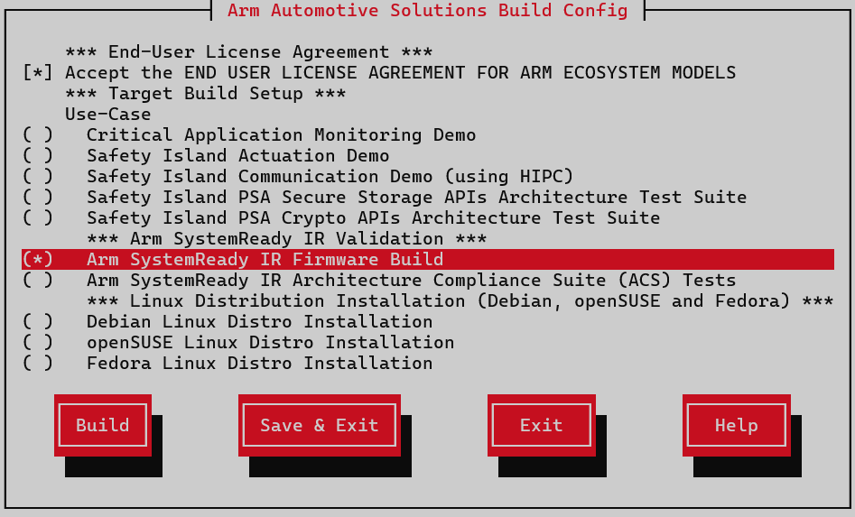 Arm Auto Solutions Build Configuration Menu - Arm SystemReady IR Firmware Build