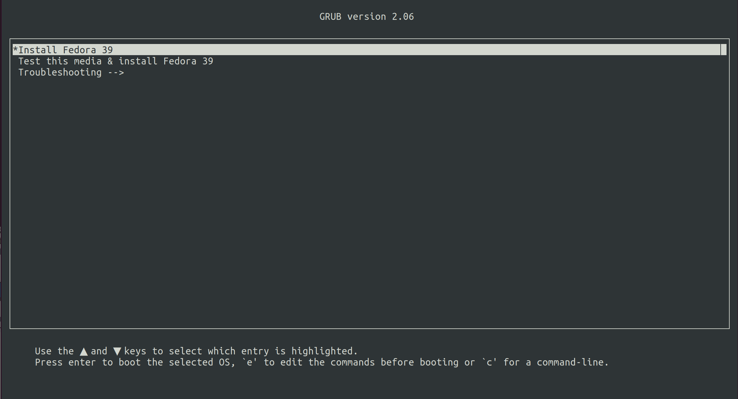 Grub Install Options Menu - Fedora Linux Distro Installation