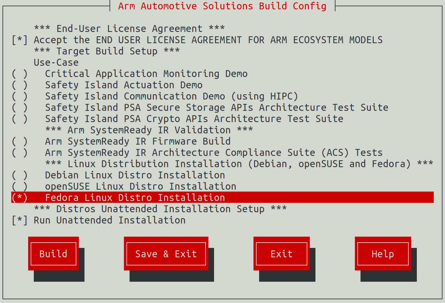 Arm Auto Solutions Build Configuration Menu - Fedora Linux Distro Installation