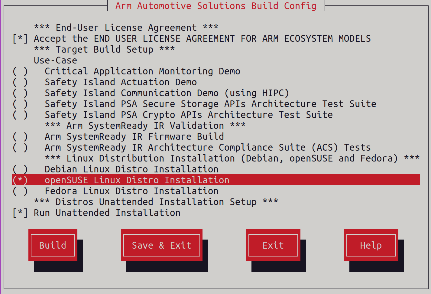 Arm Auto Solutions Build Configuration Menu - openSUSE Linux Distro Installation