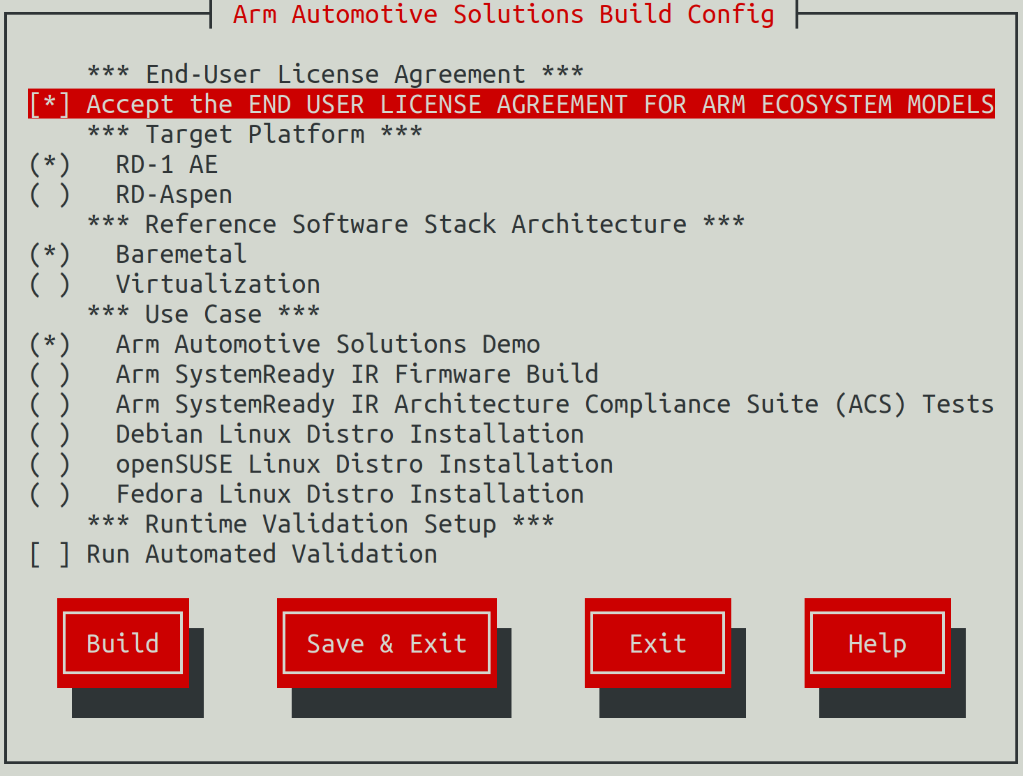 Arm Auto Solutions Build Configuration Menu