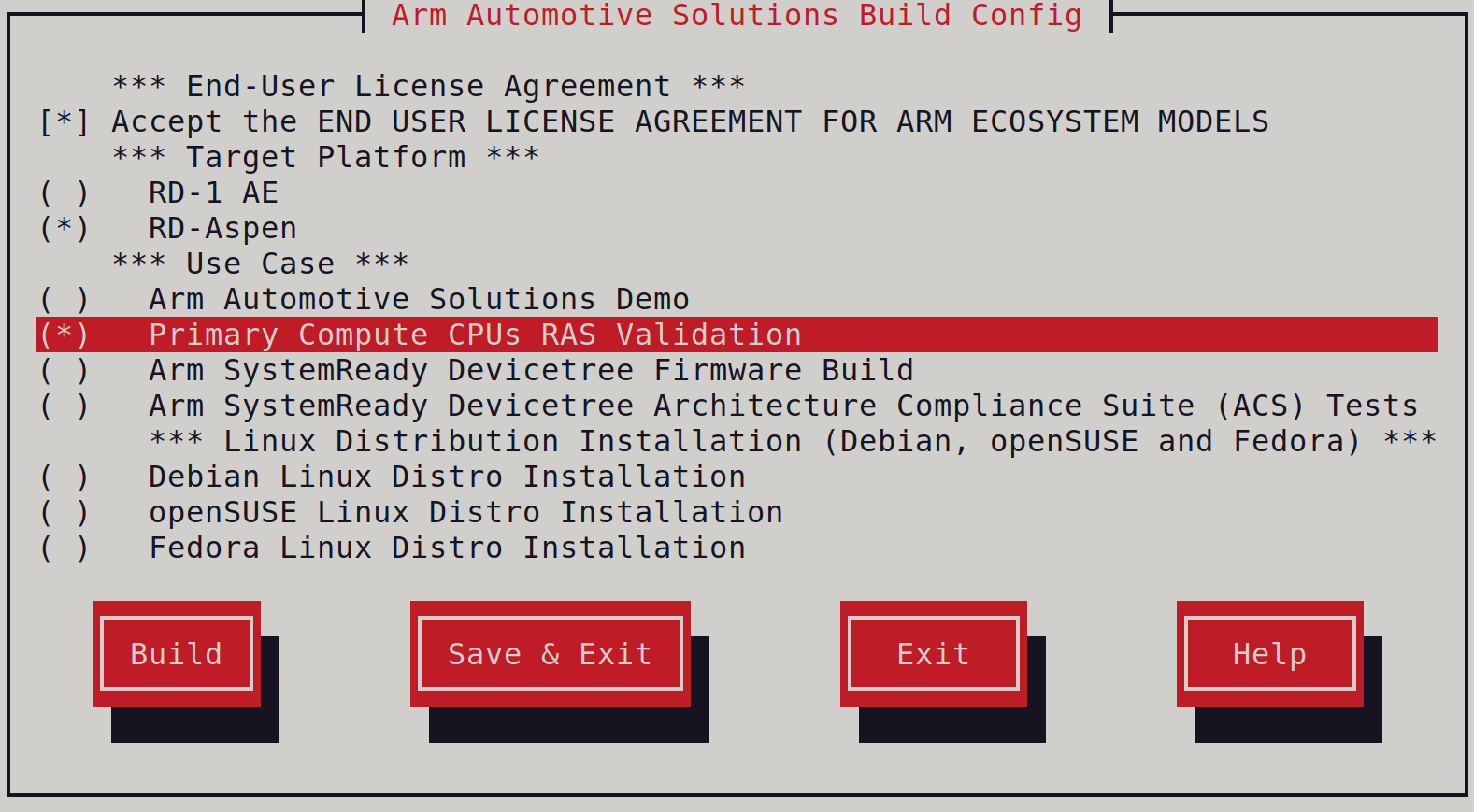 Arm Auto Solutions Build Configuration Menu - Primary Compute CPUs RAS Validation
