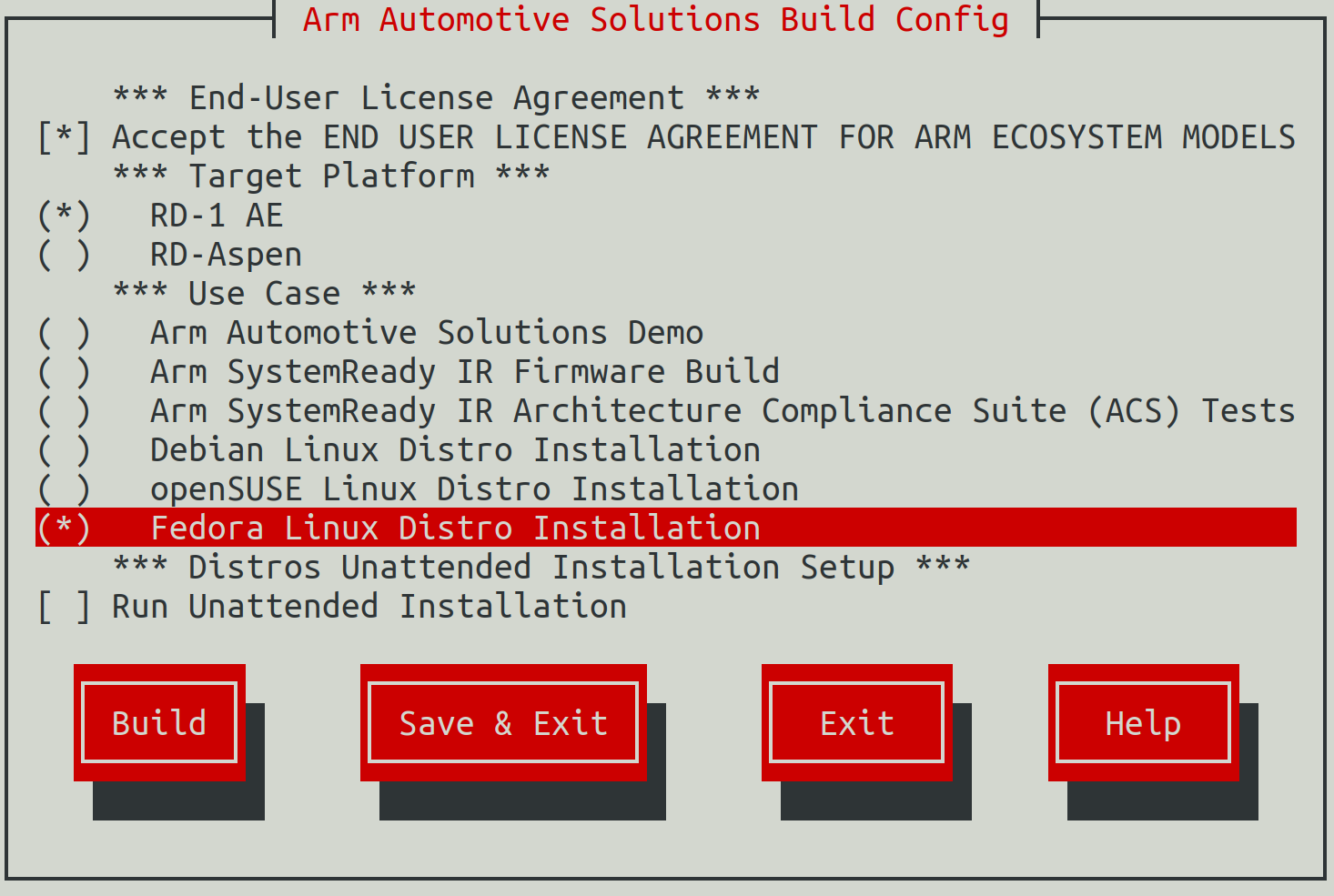 Arm Auto Solutions Build Configuration Menu - Fedora Linux Distro Installation