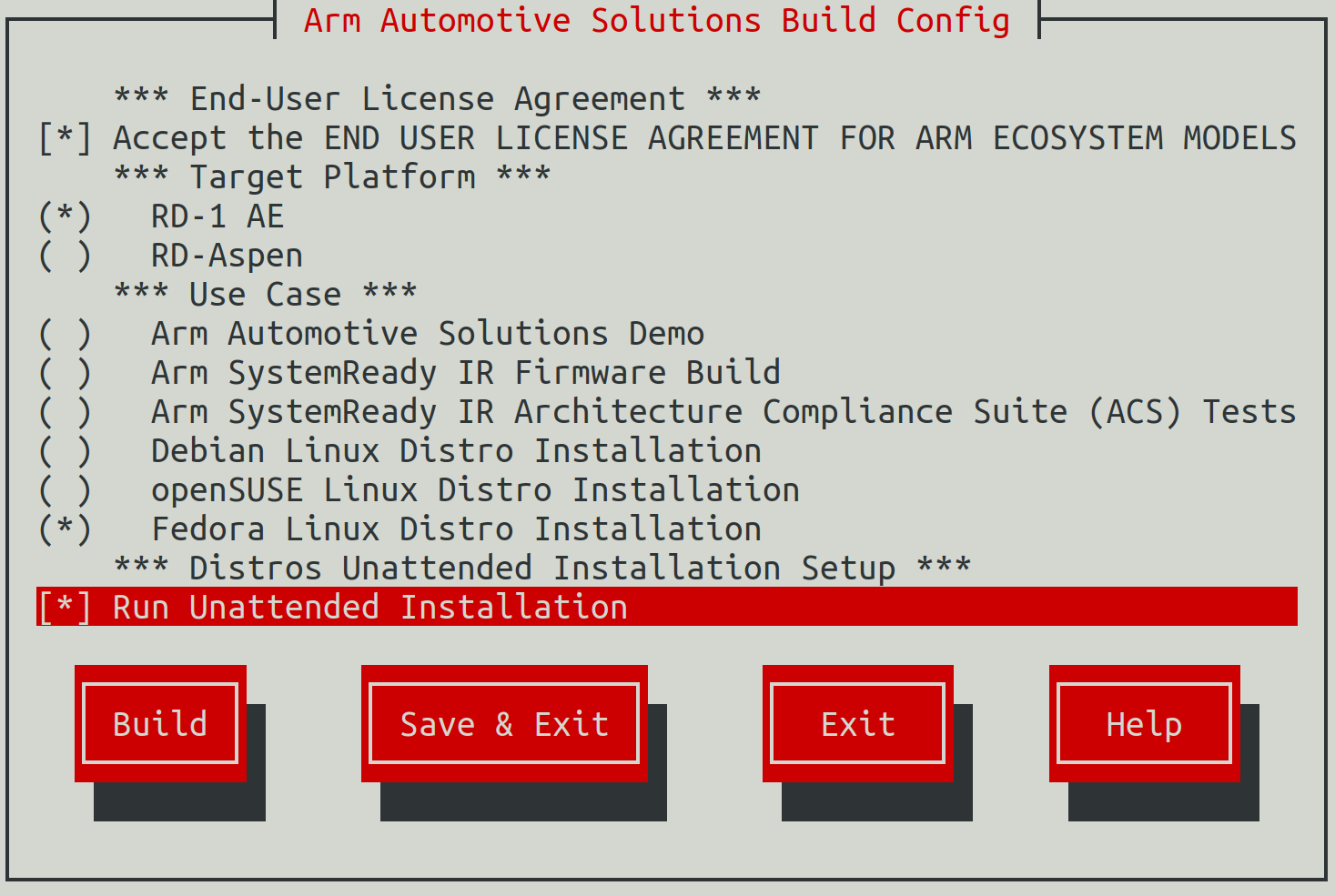 Arm Auto Solutions Build Configuration Menu - Fedora Linux Distro Installation