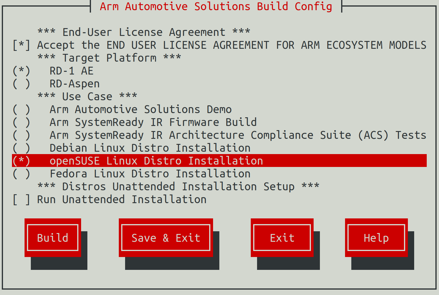 Arm Auto Solutions Build Configuration Menu - openSUSE Linux Distro Installation