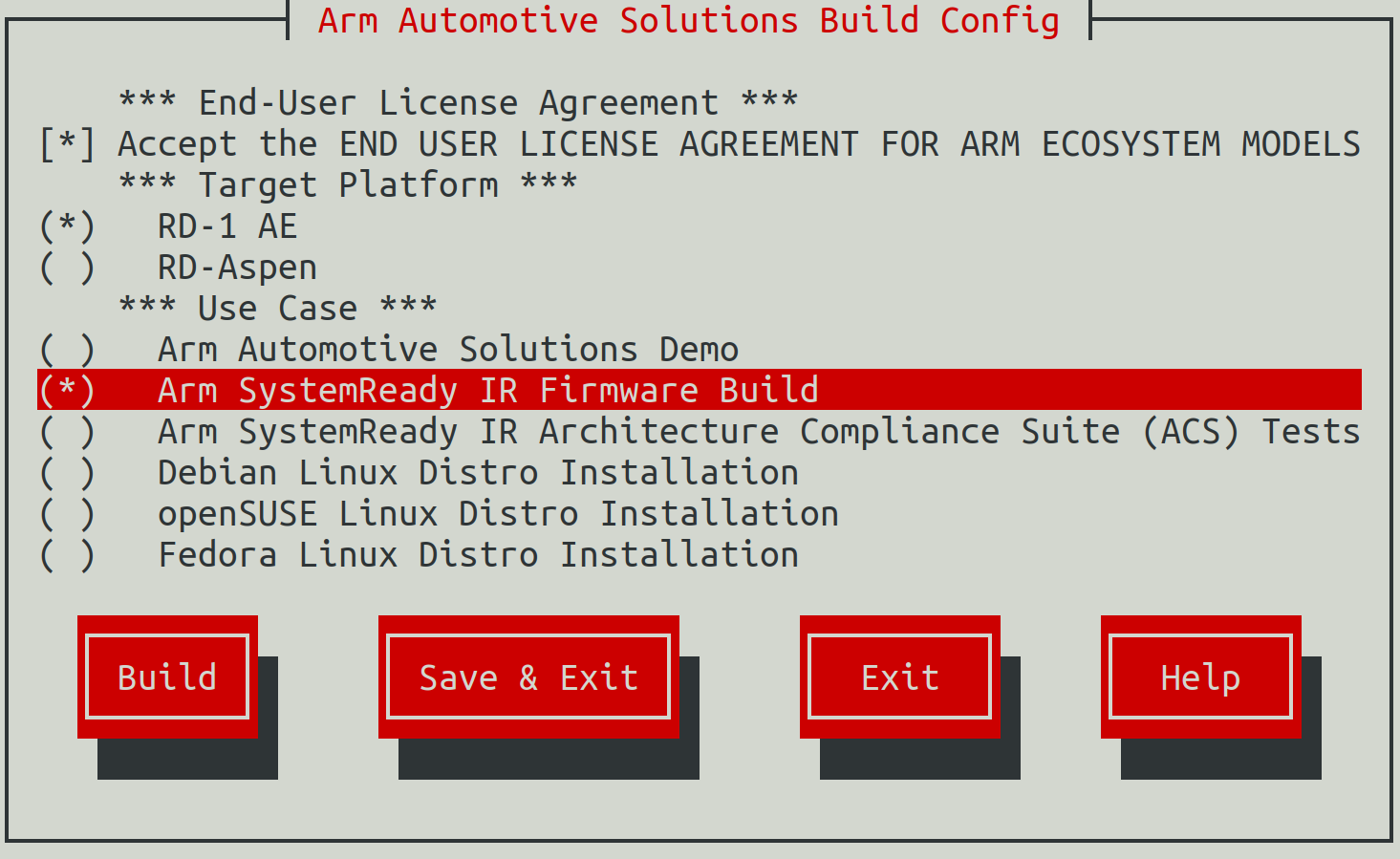Arm Auto Solutions Build Configuration Menu - Arm SystemReady IR Firmware Build