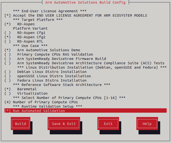 Arm Auto Solutions Run Automated Validation Menu