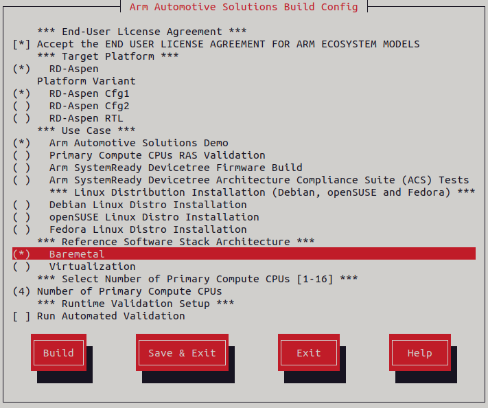 Arm Auto Solutions Build Configuration Menu
