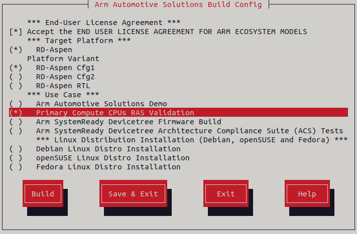 Arm Auto Solutions Build Configuration Menu - Primary Compute CPUs RAS Validation