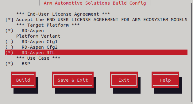 Arm Auto Solutions Build Configuration Menu - RTL Build