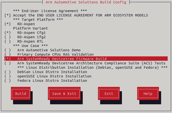Arm Auto Solutions Build Configuration Menu - Arm SystemReady Devicetree Firmware Build