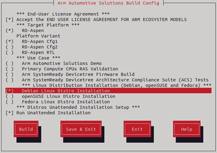 Arm Auto Solutions Build Configuration Menu - Debian Linux Distro Installation