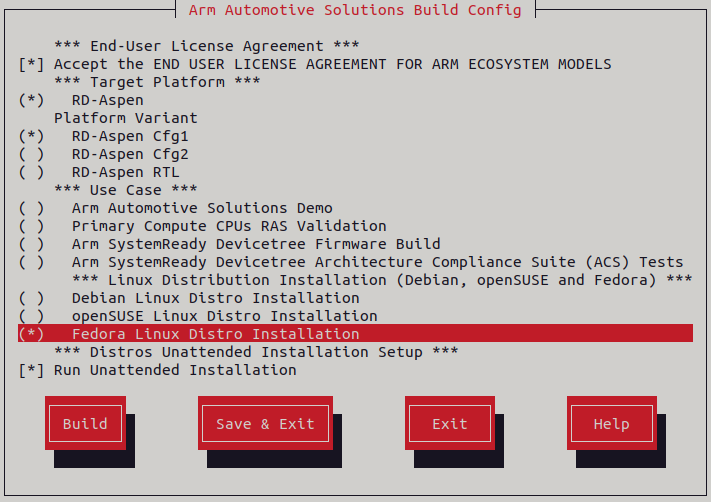 Arm Auto Solutions Build Configuration Menu - Fedora Linux Distro Installation