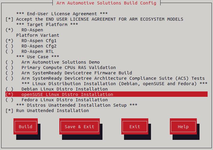 Arm Auto Solutions Build Configuration Menu - openSUSE Linux Distro Installation
