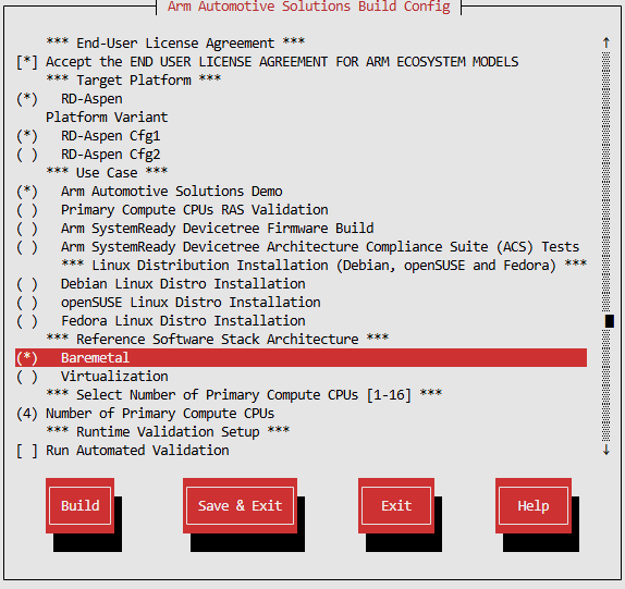 Arm Auto Solutions Build Configuration Menu
