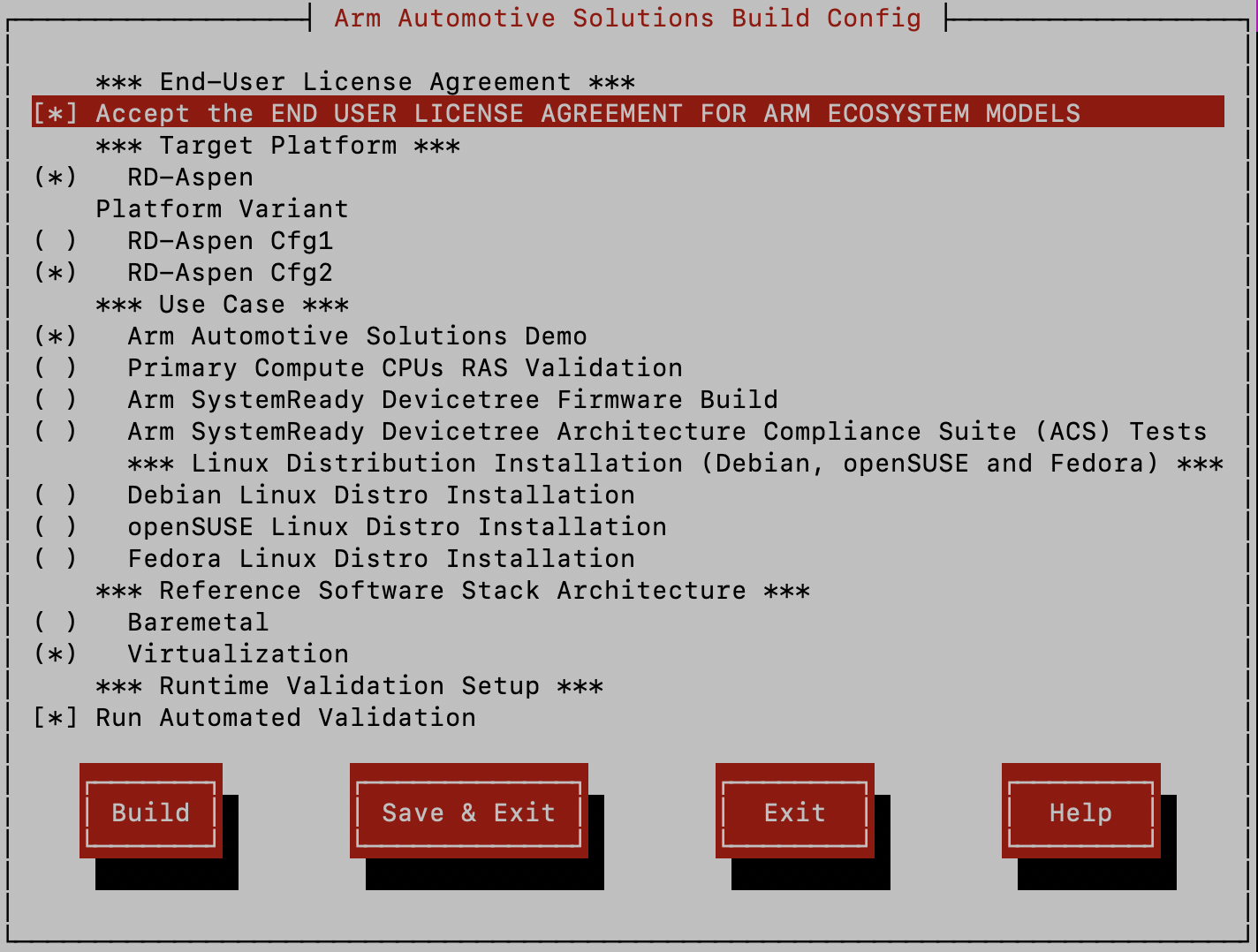 Arm Auto Solutions Run Automated Validation Menu