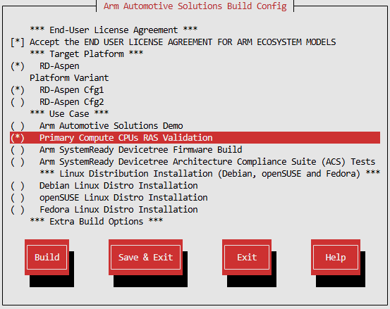 Arm Auto Solutions Build Configuration Menu - Primary Compute CPUs RAS Validation