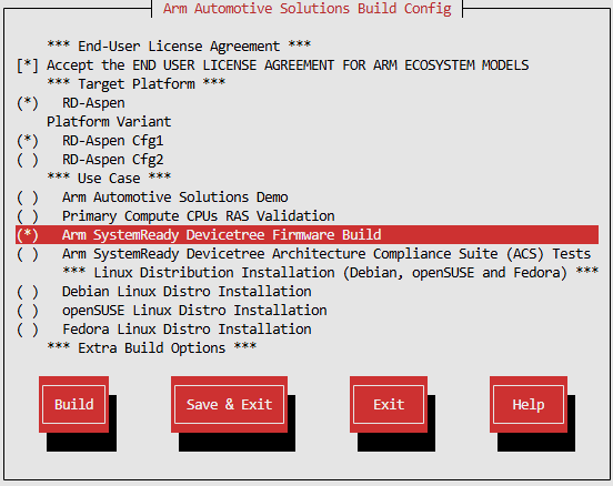 Arm Auto Solutions Build Configuration Menu - Arm SystemReady Devicetree Firmware Build
