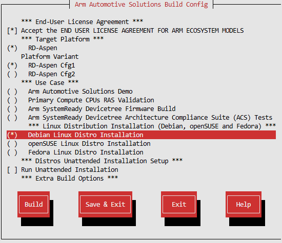 Arm Auto Solutions Build Configuration Menu - Debian Linux Distro Installation