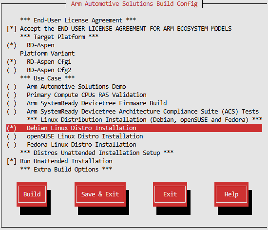 Arm Auto Solutions Build Configuration Menu - Debian Linux Distro Installation