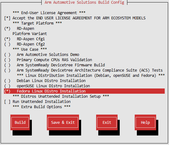 Arm Auto Solutions Build Configuration Menu - Fedora Linux Distro Installation