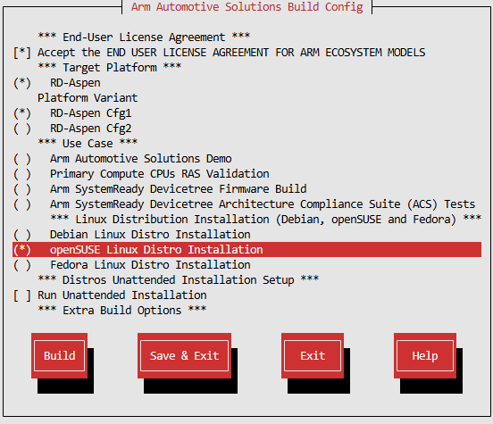 Arm Auto Solutions Build Configuration Menu - openSUSE Linux Distro Installation