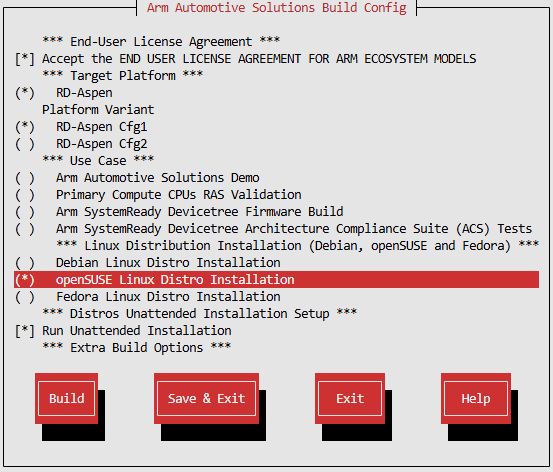 Arm Auto Solutions Build Configuration Menu - openSUSE Linux Distro Installation